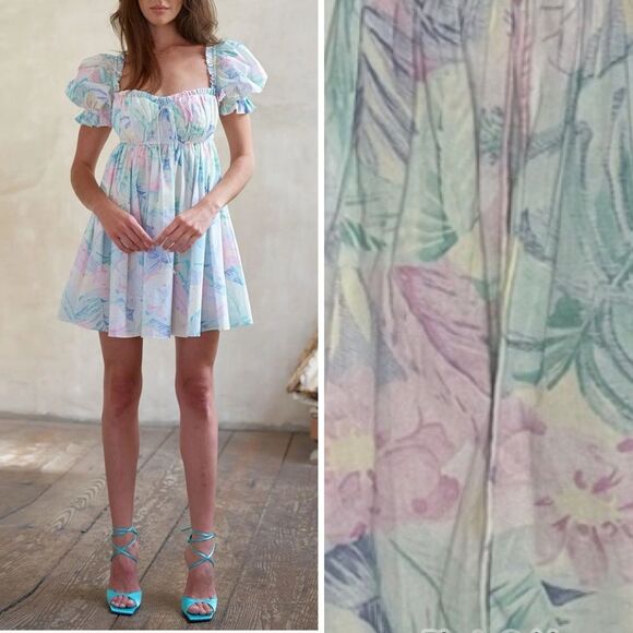 SELKIE The Parliament Floral Puff Sleeve Mini Dress Medium Pastel - Picture 1 of 14